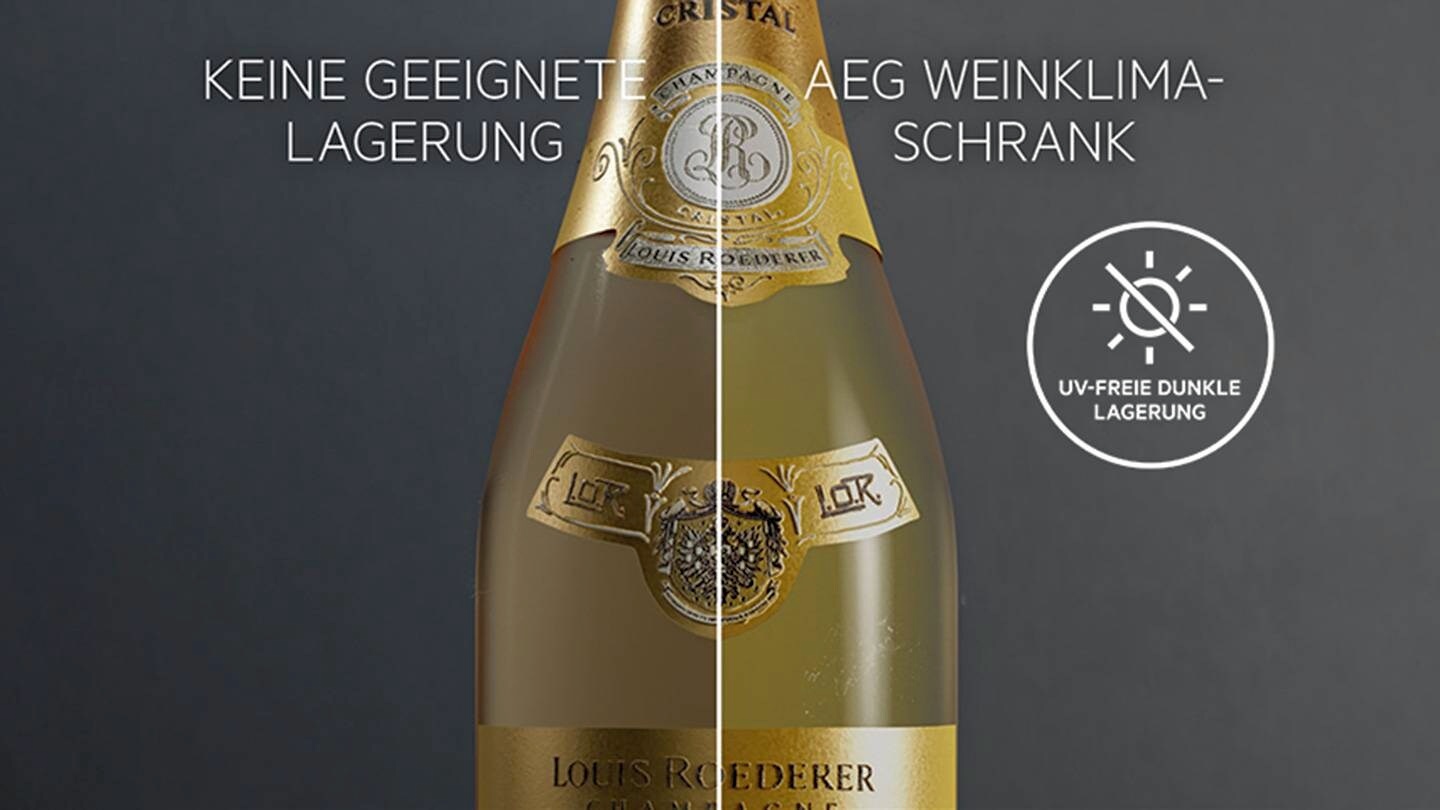 Weinflasche, an der die richtige UV-freie Lagerung gezeigt wird.